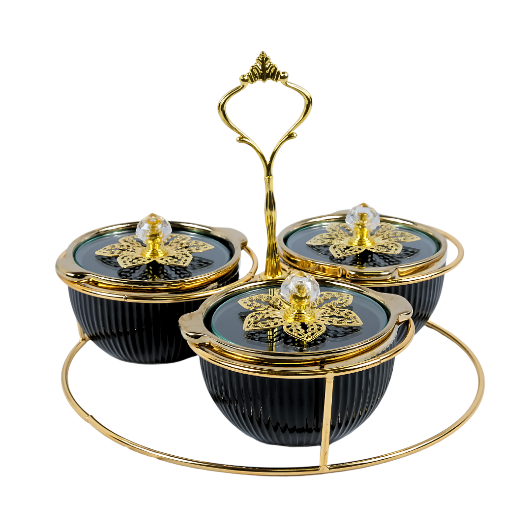 Black 3 Section Ceramic Dry Fruit Tray