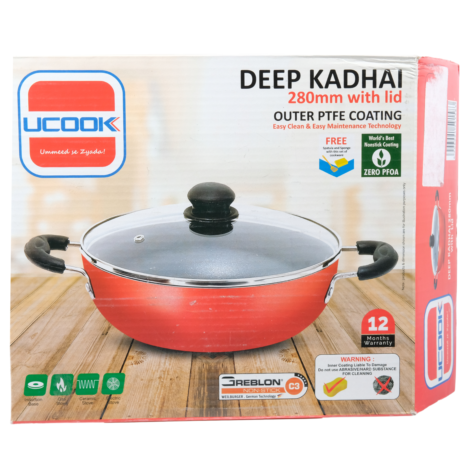 U Cook Non Stick Kadai 28cm With Lid