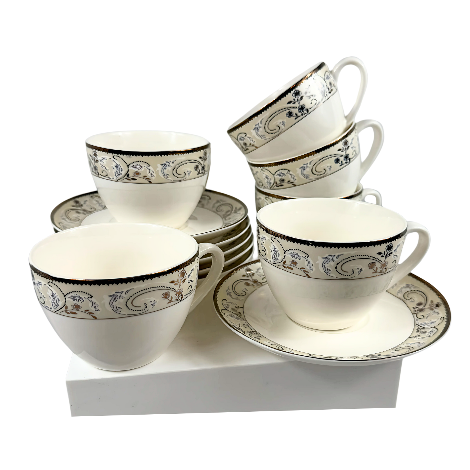 Sleek Patterned Rims 6 pc Tea Cups & Saucers