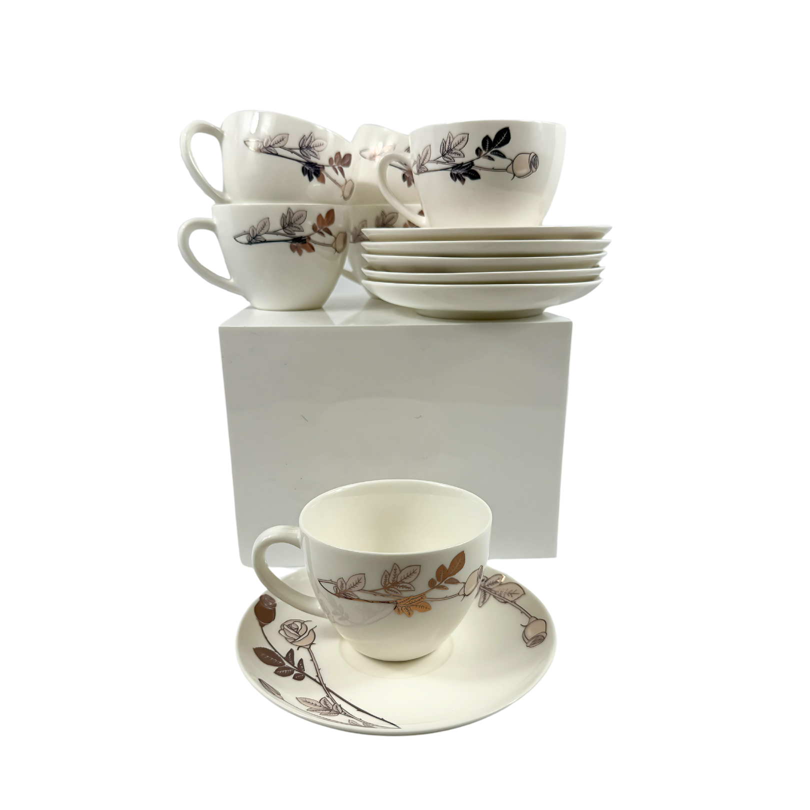 Vintage Rose Pattern 6 pc Tea Cups & Saucers