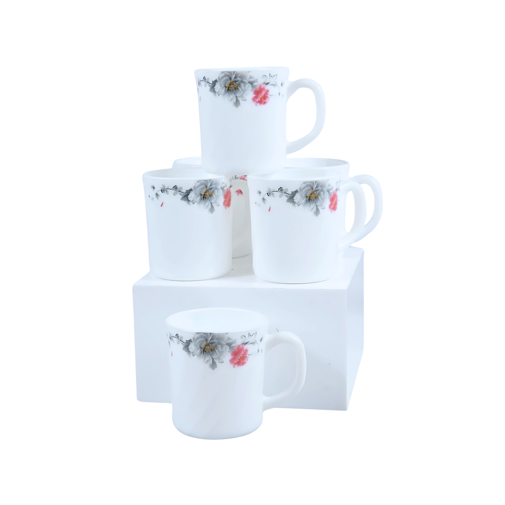 Grey Pink Flower 9oz 6pc Cup Set