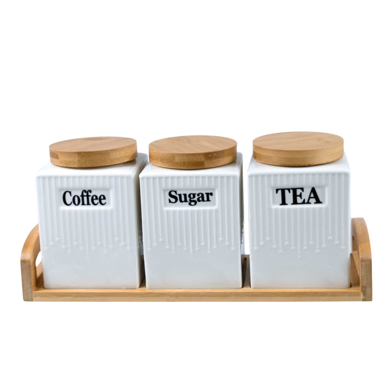 3Pc Tea, Sugar, Coffee Canister Set with Bamboo Tray