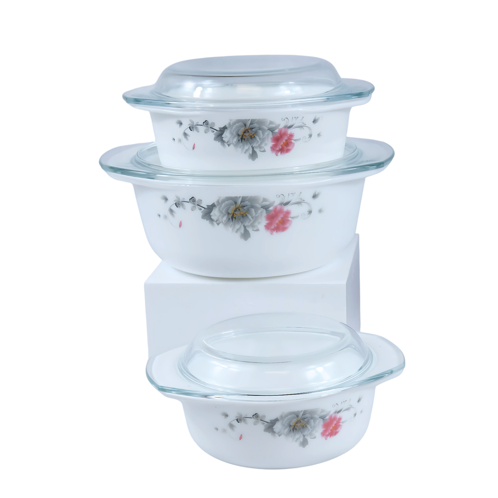 3pc Grey Pink Flower Casserole Set