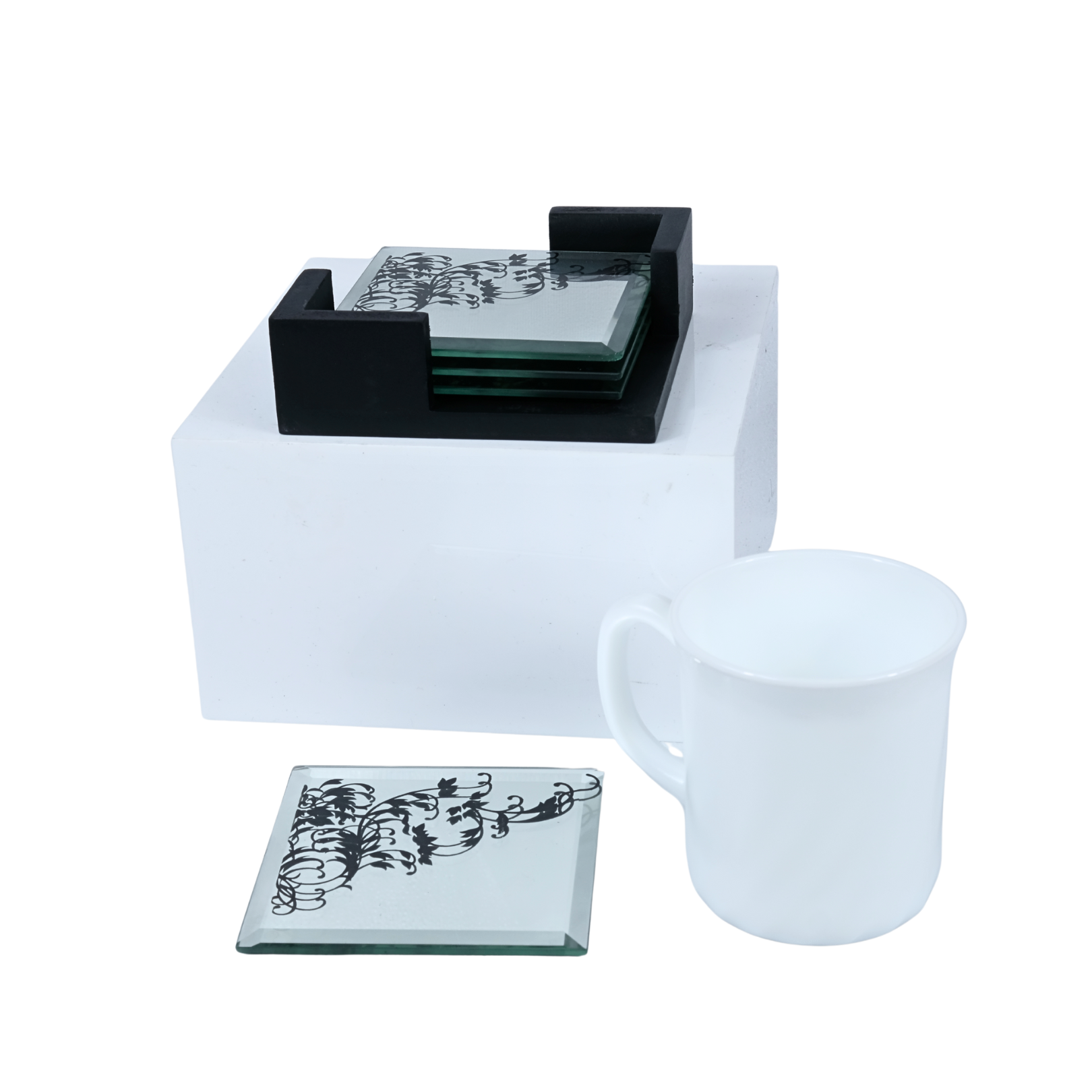 4pc Beveled Mirror Coasters With Wood Candy